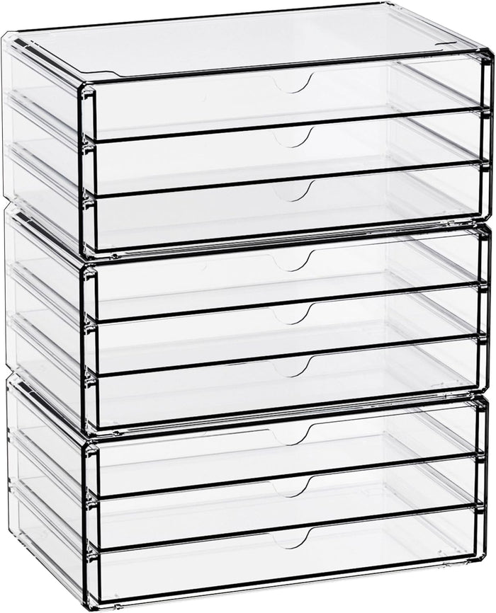 Yieach 11.1 Inch Long Clear Drawer Organizers Stackable,3 Pack Small Acrylic Drawers,School,Office Supplies Organizer And Storage Bins for Stationery,Marker,Pen,Pencil,Craft Desktop Storage Drawers