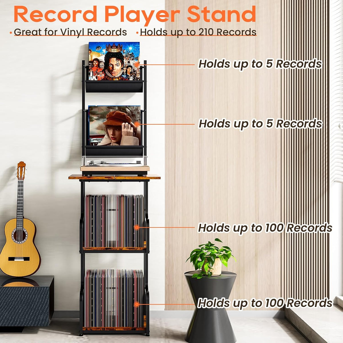 TJ.MOREE Record Player Stand with Vinyl Storage, Tall Record Player Table wit...