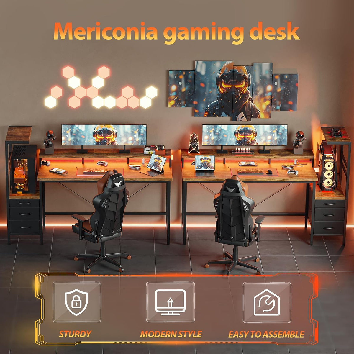 Mericonia 68 inch Gaming Desk with Drawers, Reversible Computer Desk, Brown