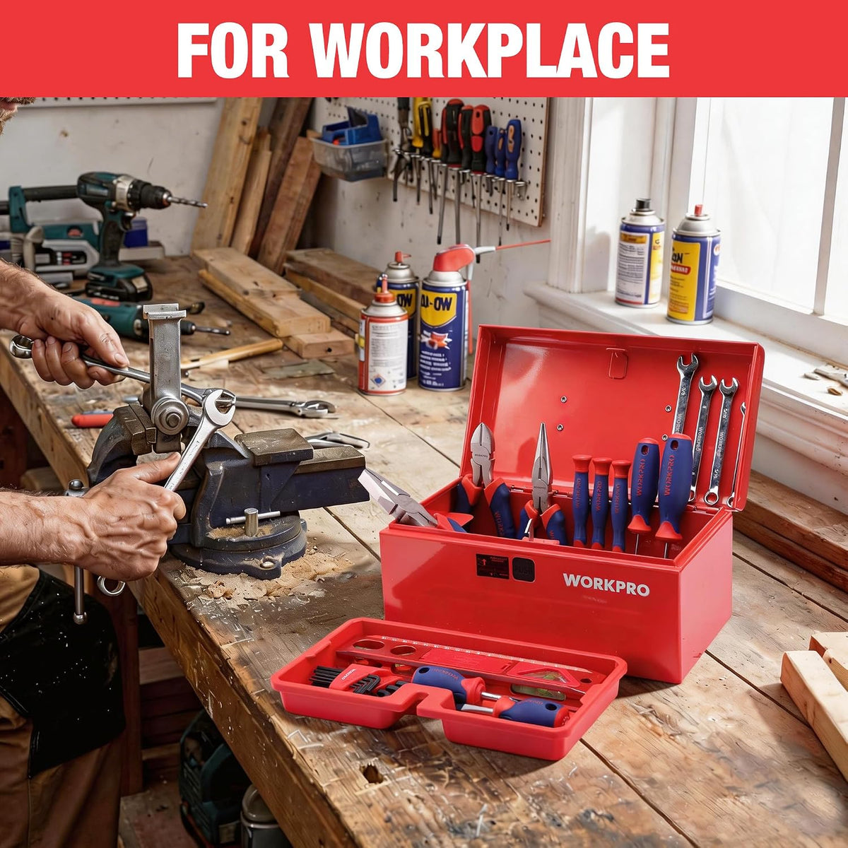 workpro 10.8" mini metal tool box with removable on a desk or shelf
