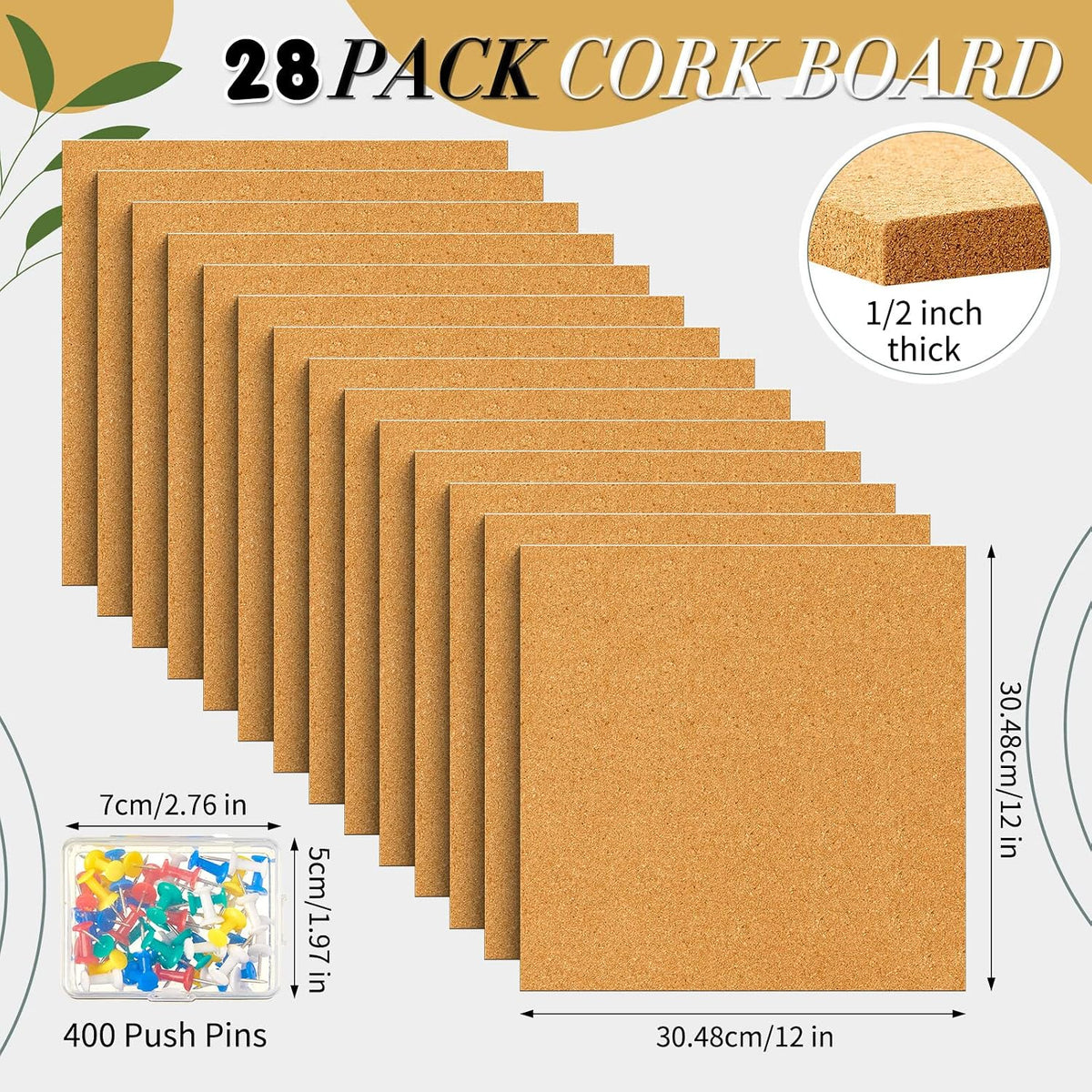Reginary 28 Pcs Self Adhesive Cork Board Tiles Bulk Square with Pins
