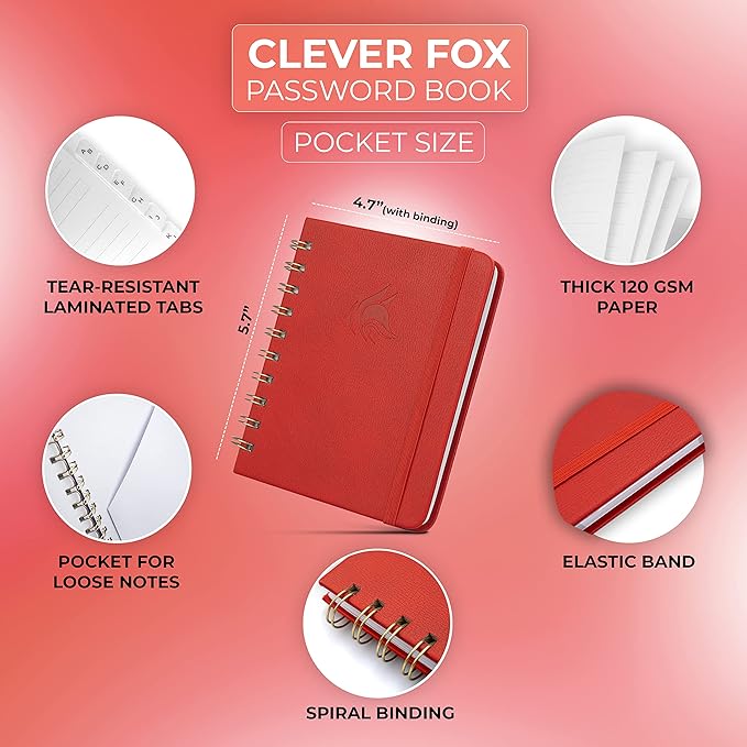 Clever Fox Password Book Spiral – Mini Internet Address & Password Organizer - Image 2
