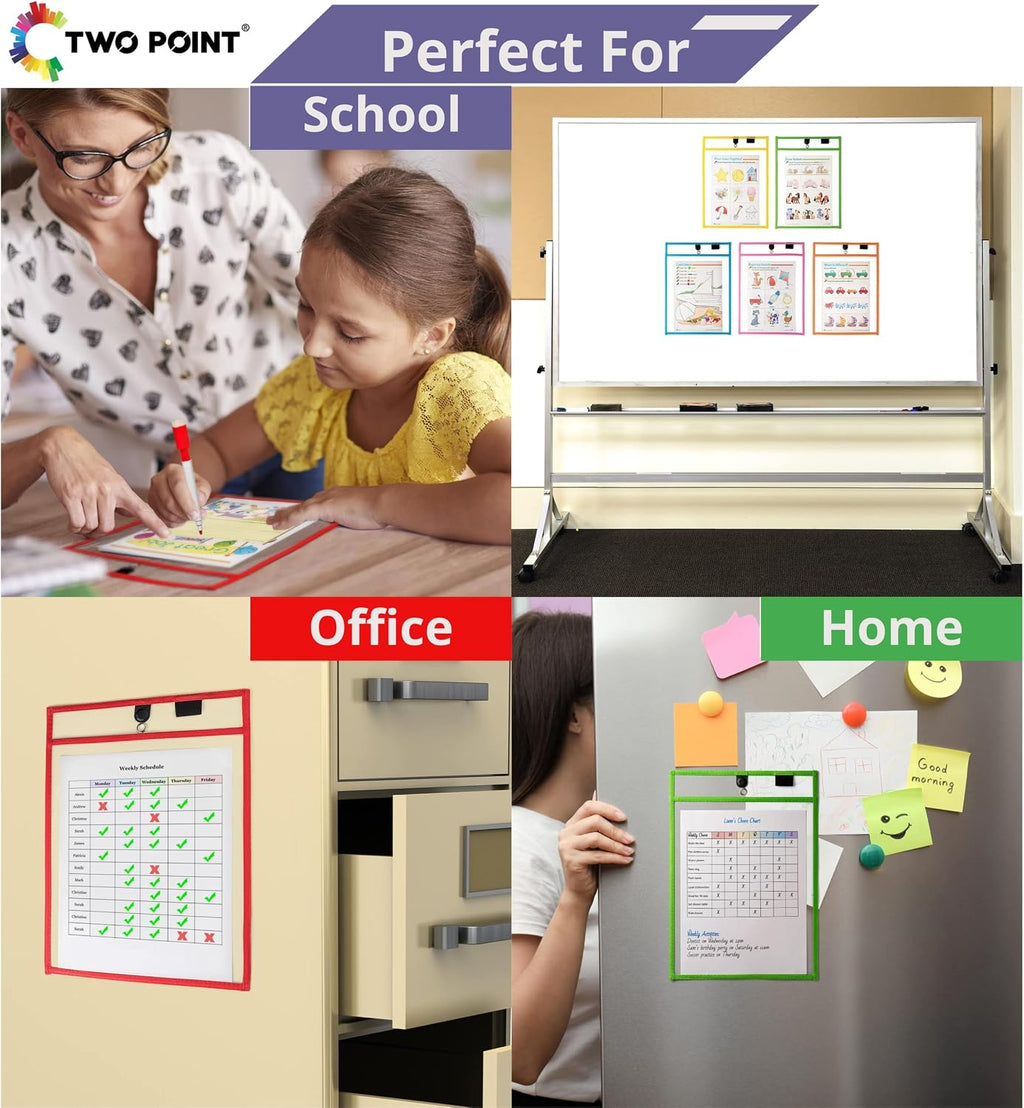 Magnetic Dry Erase Pockets by Two Point (6-Pack) - Portrait - Clear Dry Erase Pocket Sleeves, Job Shop Ticket Holders, Clear Paper Sleeves Protectors, Magnetic Pouch