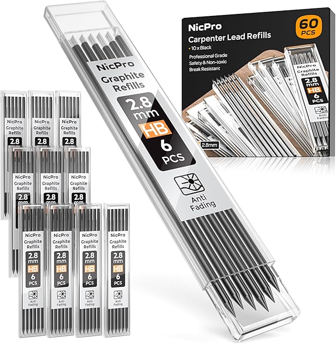 Nicpro 60 Pieces Carpenter Pencil Lead Refills 2.8mm, Lead Refill by Nicpro