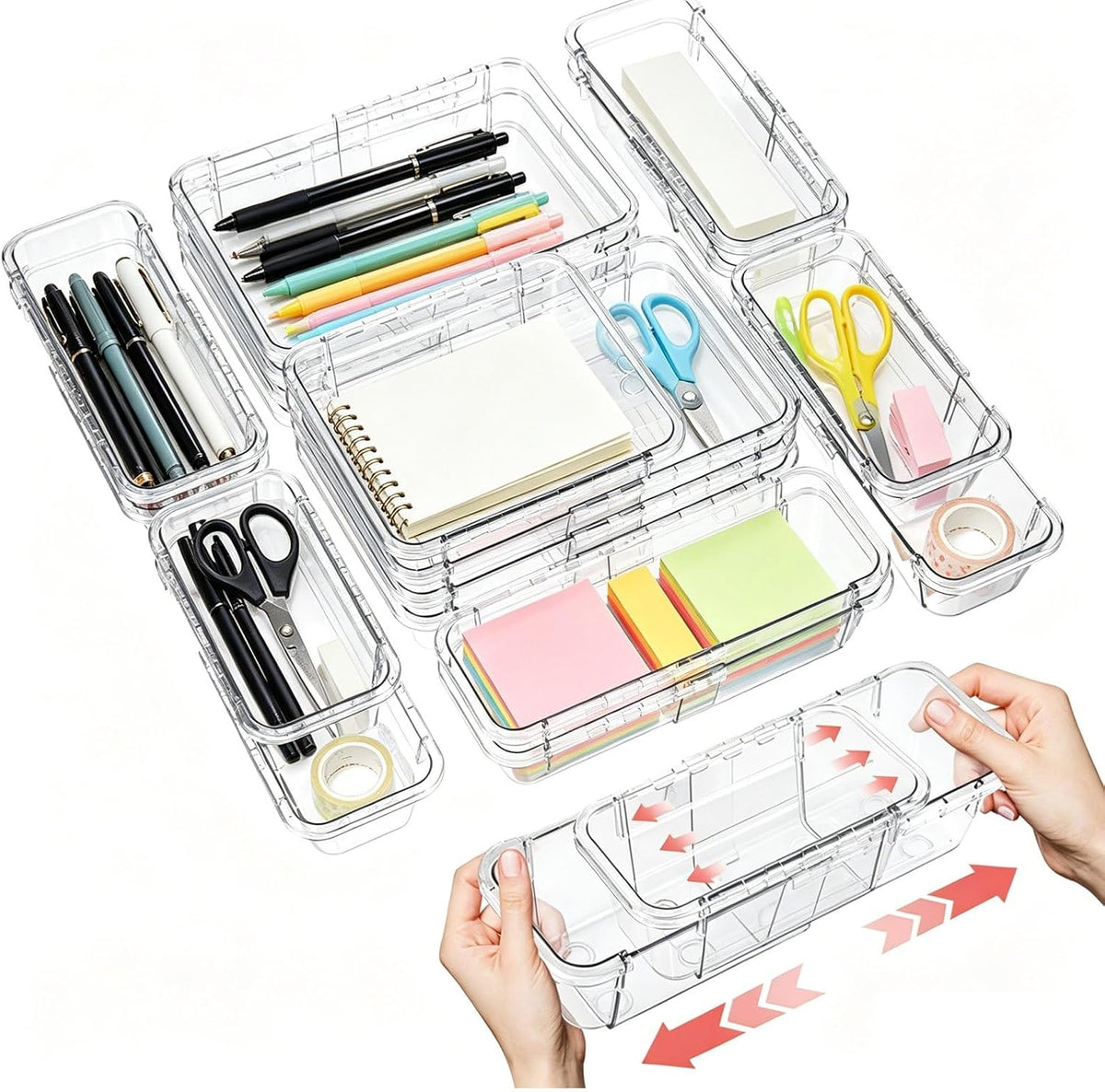 Expandable Drawer Organizer Set, 15 Clear Bins, 2 Sizes
