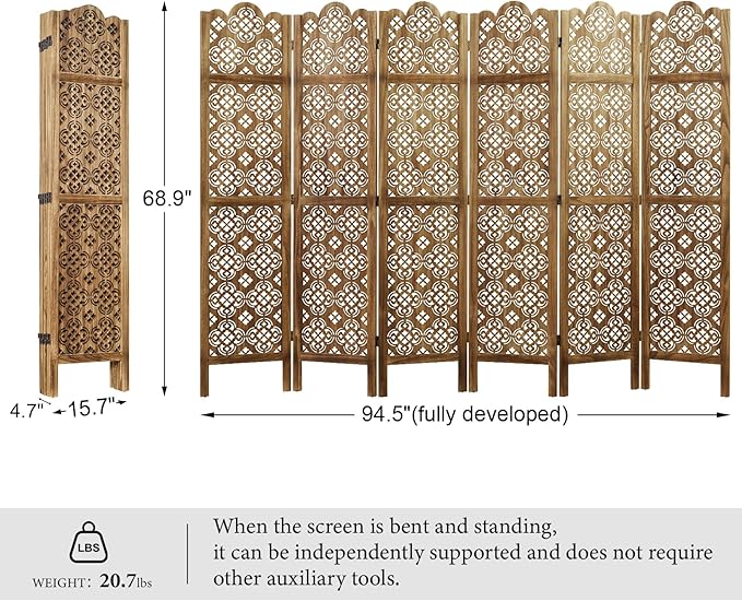 68.9Inch Folding Room Divider, 6 Panels Wood Carved Privacy Screens, Free - Image 4