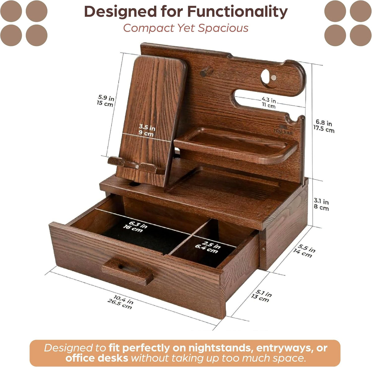 Bourbon Brown Wood Nightstand Organizer Docking Station Key, Wallet & Watch