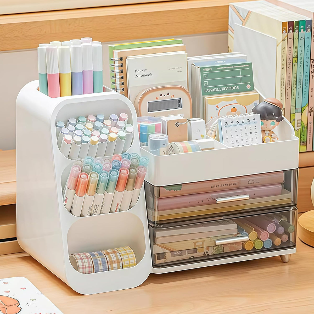 Desk Organizer with Pen Pencil Holder, Pen Organizer with 2 Drawers & 4 C...