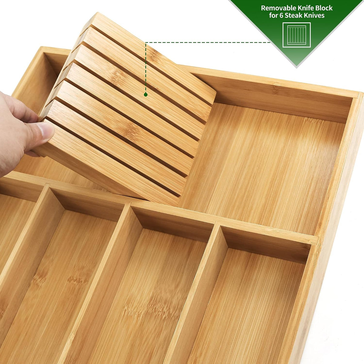 VaeFae Bamboo Silverware Drawer Organizer, 5 Slots, Natural