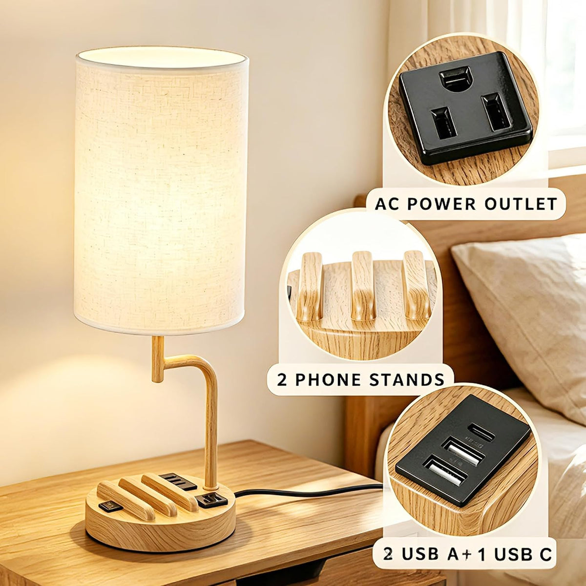 Dreamholder 2 Pack Table Lamp, Bedside Lamp with 3 USB Charging Ports & A...