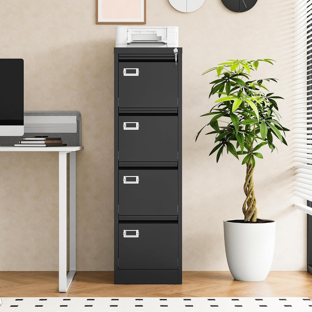 4 drawer file cabinet with lock, metal filing, side view