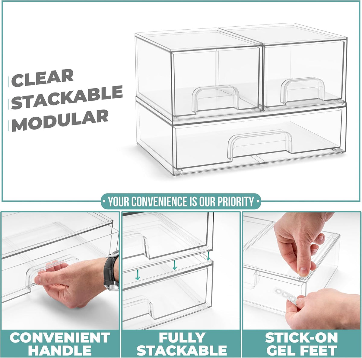 Sorbus Clear Stackable Storage Drawers (3 Pack, 4.4'' Tall and 12.1&#...
