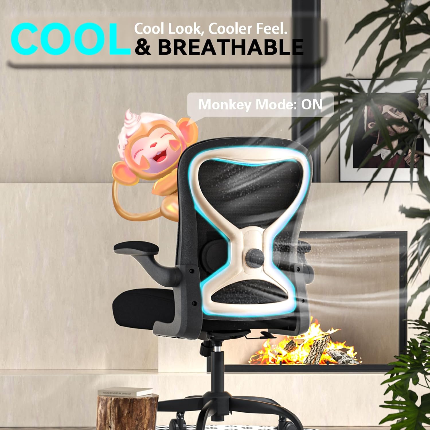 Ergonomic Home Office Chair, 4-Way Lumbar, Thick Cushion, 330LBS | Adjustable Lumbar (up/down/in/out), Rocking Mesh Back, Flip-up Arms, Easy Assembly, Ideal for home offices & small workspaces