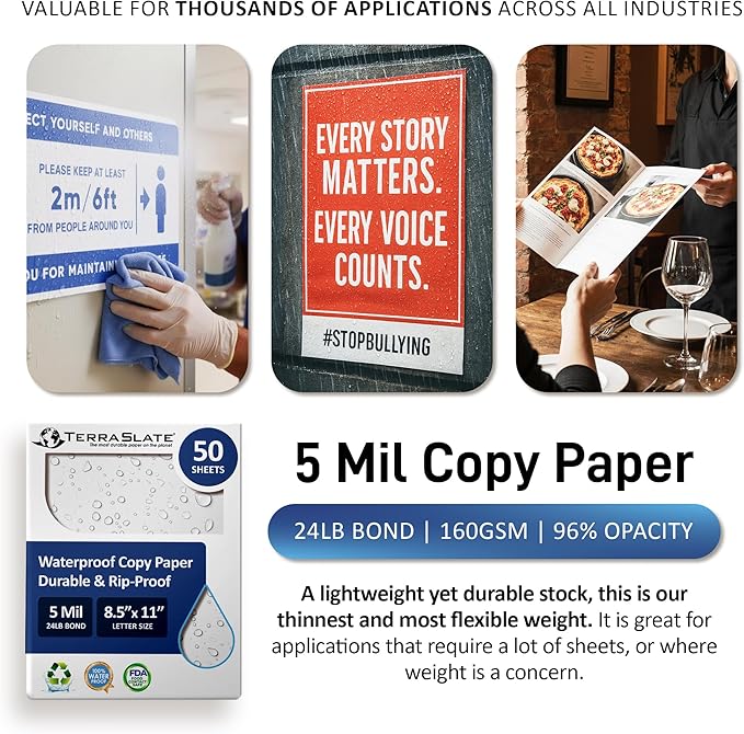 TerraSlate Waterproof Paper, 5 MIL 8.5” x 11”, Laser Printer & Copy Machine - Image 6
