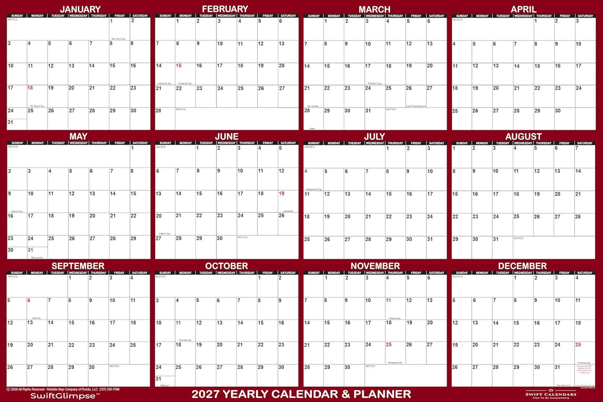 36" x 54" SwiftGlimpse 2027 Wall Calendar Erasable Large Wet & ...