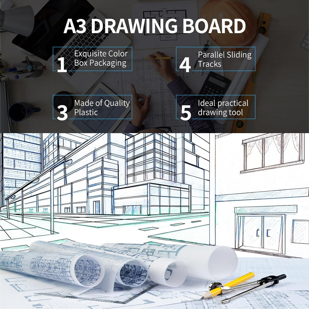 zonon a4 portable drawing board, multi-function metric drafting showing dimensions