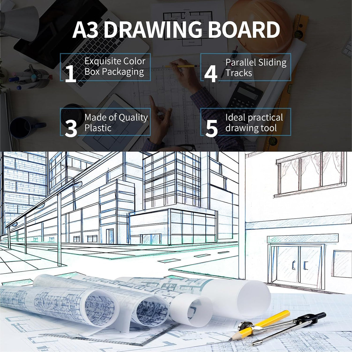 zonon a4 portable drawing board, multi-function metric drafting showing dimensions