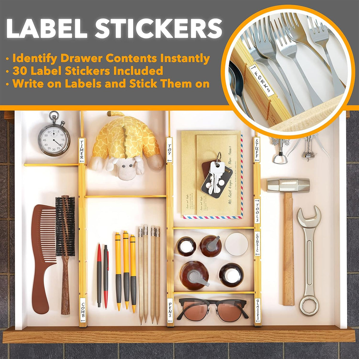 SpaceAid Bamboo Drawer Dividers with Labels, 6 Dividers with 12 Inserts (17-2...