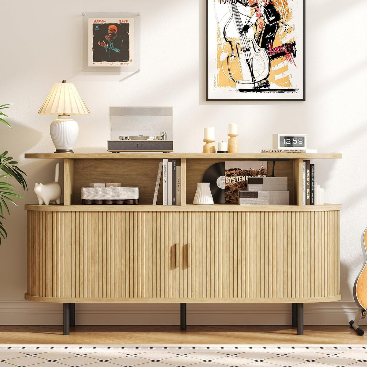 ONBRILL 55" Large Round Record Player Stand with Charging Station,Oak