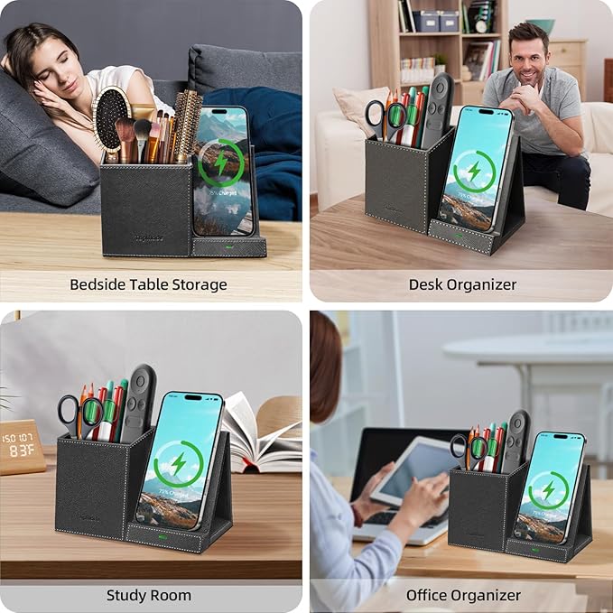 TopMade Wireless Charger with Pen Pencil Holder, Leather Mltifunctional Desk - Image 5