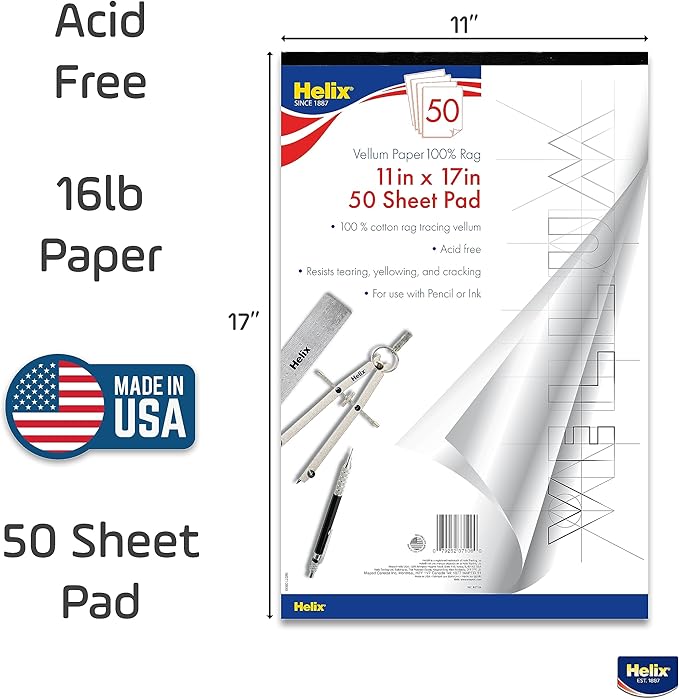 Helix - 100% Rag Vellum Paper Pad - 11 Inch x 17 Inch - 50 Sheet Pad - - Image 5