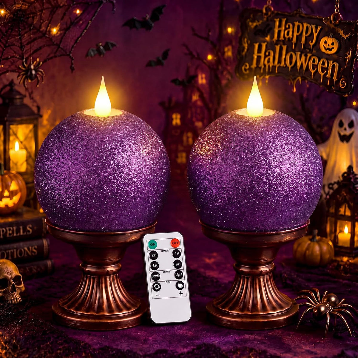 Retisee 2 Pcs Halloween Flameless Candles Real Wax Round with Remote Timer