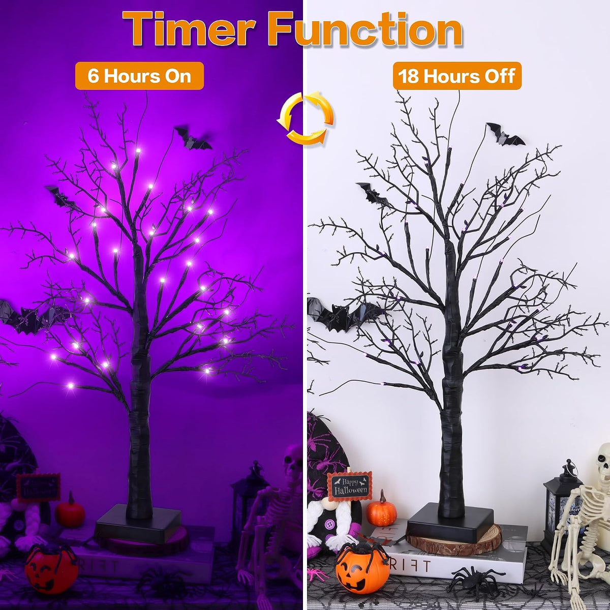 Halloween Decorations Indoor 2 Pack 24 Inch Halloween Black Tree with 24 Purp...
