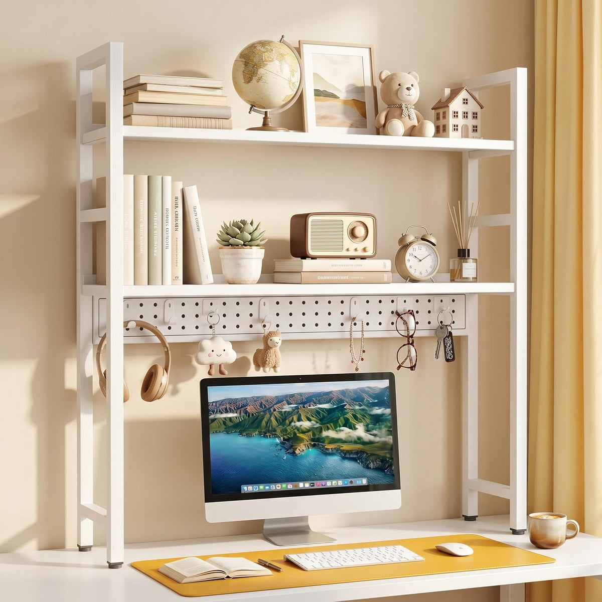 Brakki 2-Tier Desk Shelf, Desk Hutch Bookshelf with Pegboard and Hook Dorm