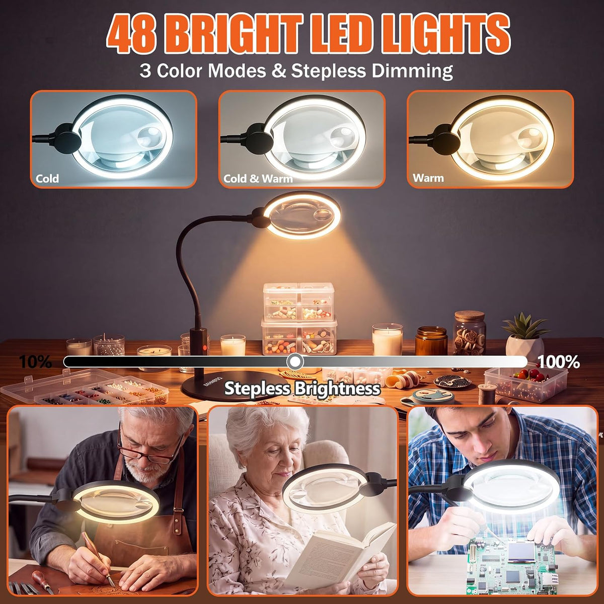 10X 30X Large Magnifying Glass with Light and Stand, 3 Color Mode