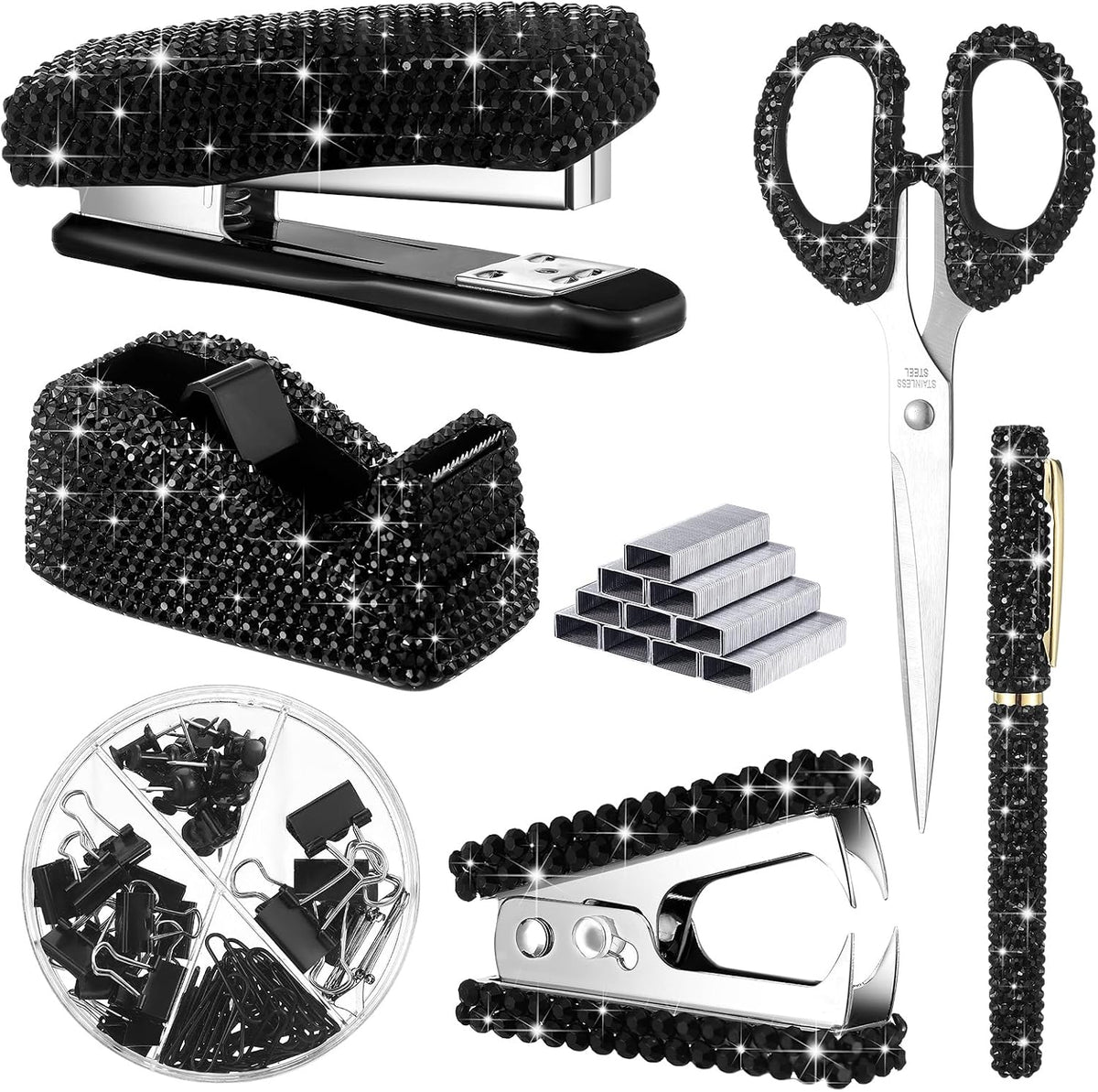 Demissle 6 Pcs Bling Office Desk Accessories Crystal Kit, Black
