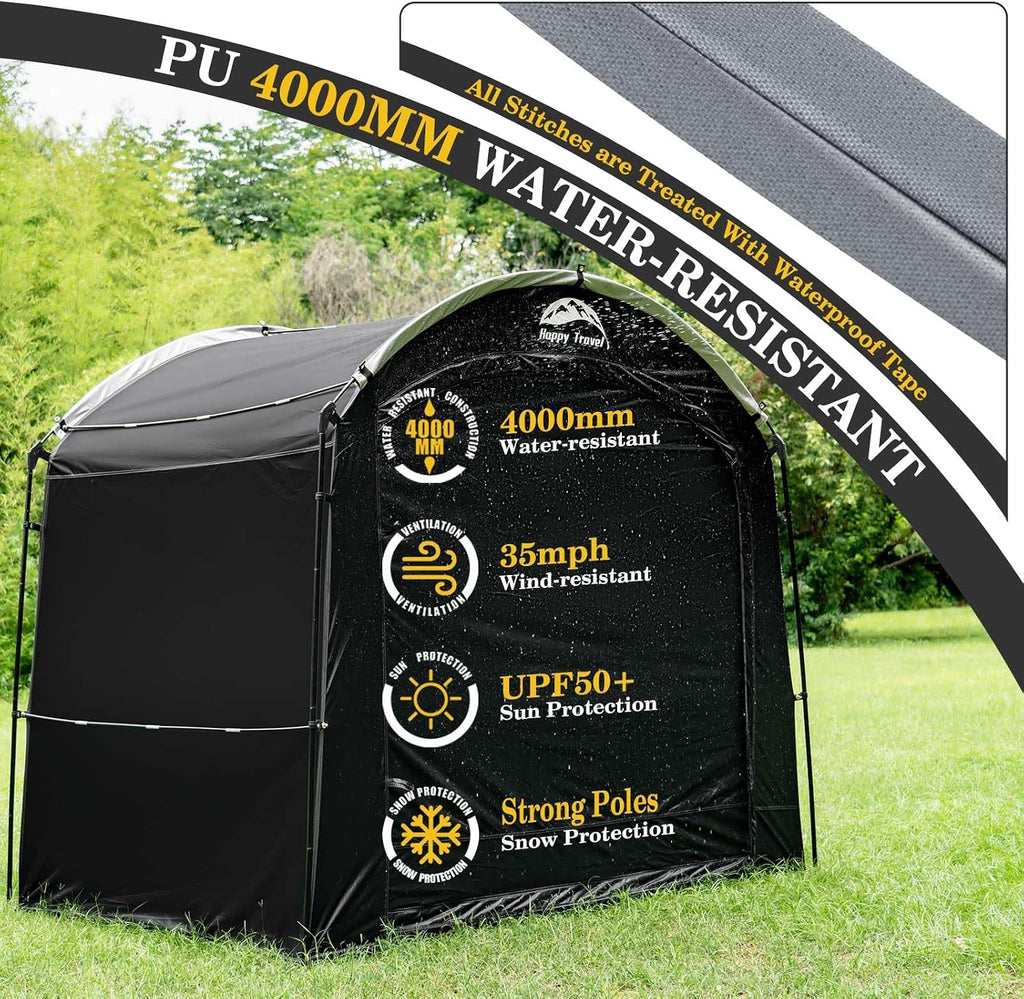 happy travel bike storage shed tent, waterproof portable showing dimensions