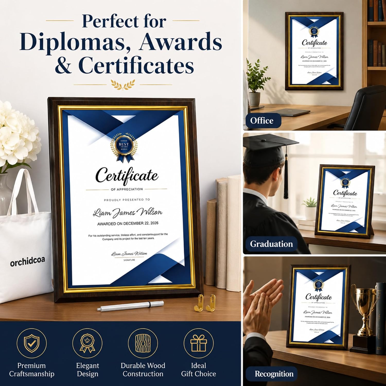 Certificate Plaque Award 8.5 x 11" Cherry Wood Grain, Gold Border | Slide-in acrylic cover,10.5x13 in High density engineered wood, for awards, diplomas, volunteer gifts, family wall, School