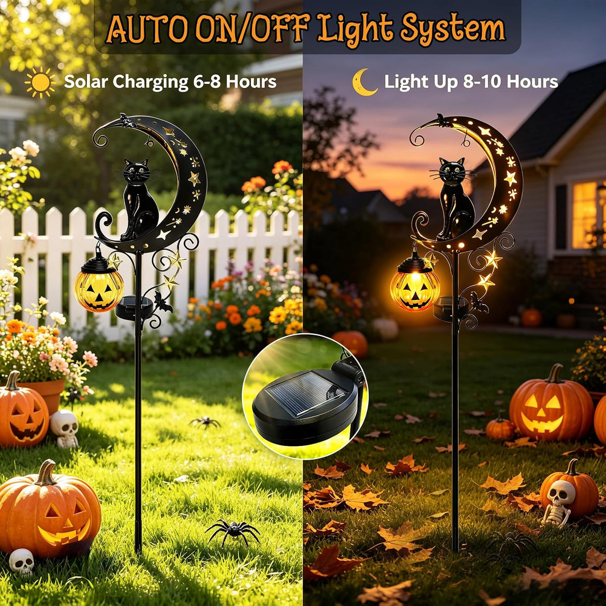Solar Halloween Black Cat Pumpkin Moon Garden Stake Light Outdoor Decor