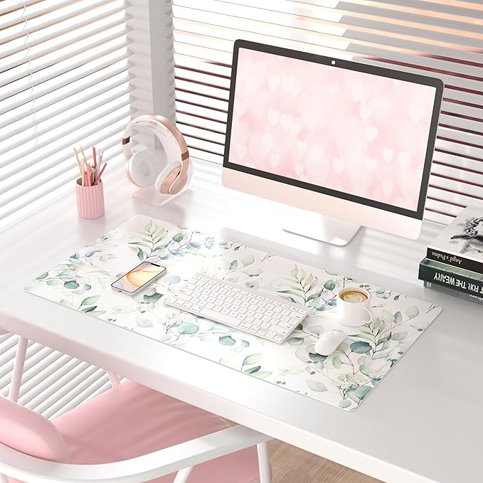 QIYI Large Mouse Pad, Cute Green Leaves Desk Mat - Image 2