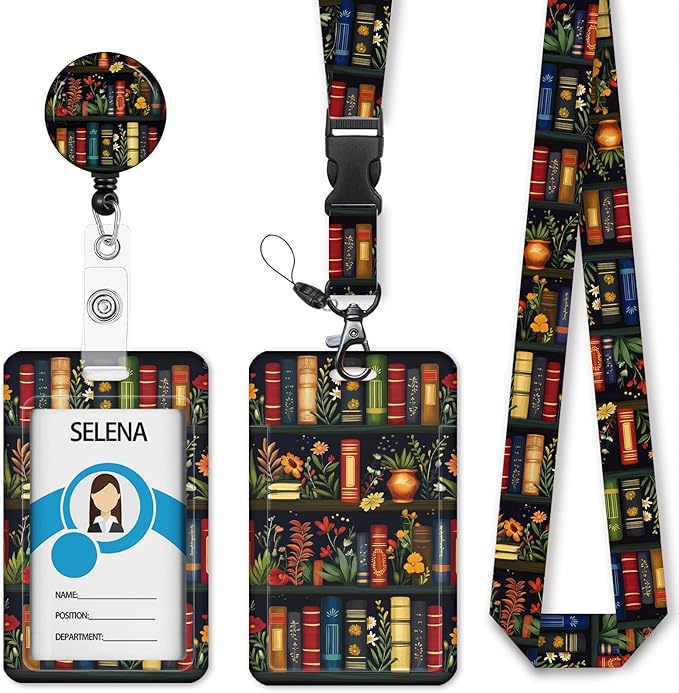 Floral Bookshelf Lanyards for ID Badges, Badge Holder by Mcapirivo