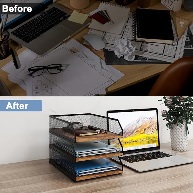 Natwind 3-Tier Stackable Paper Tray, Metal Mesh Desktop Organizer, Wood Board - Image 7
