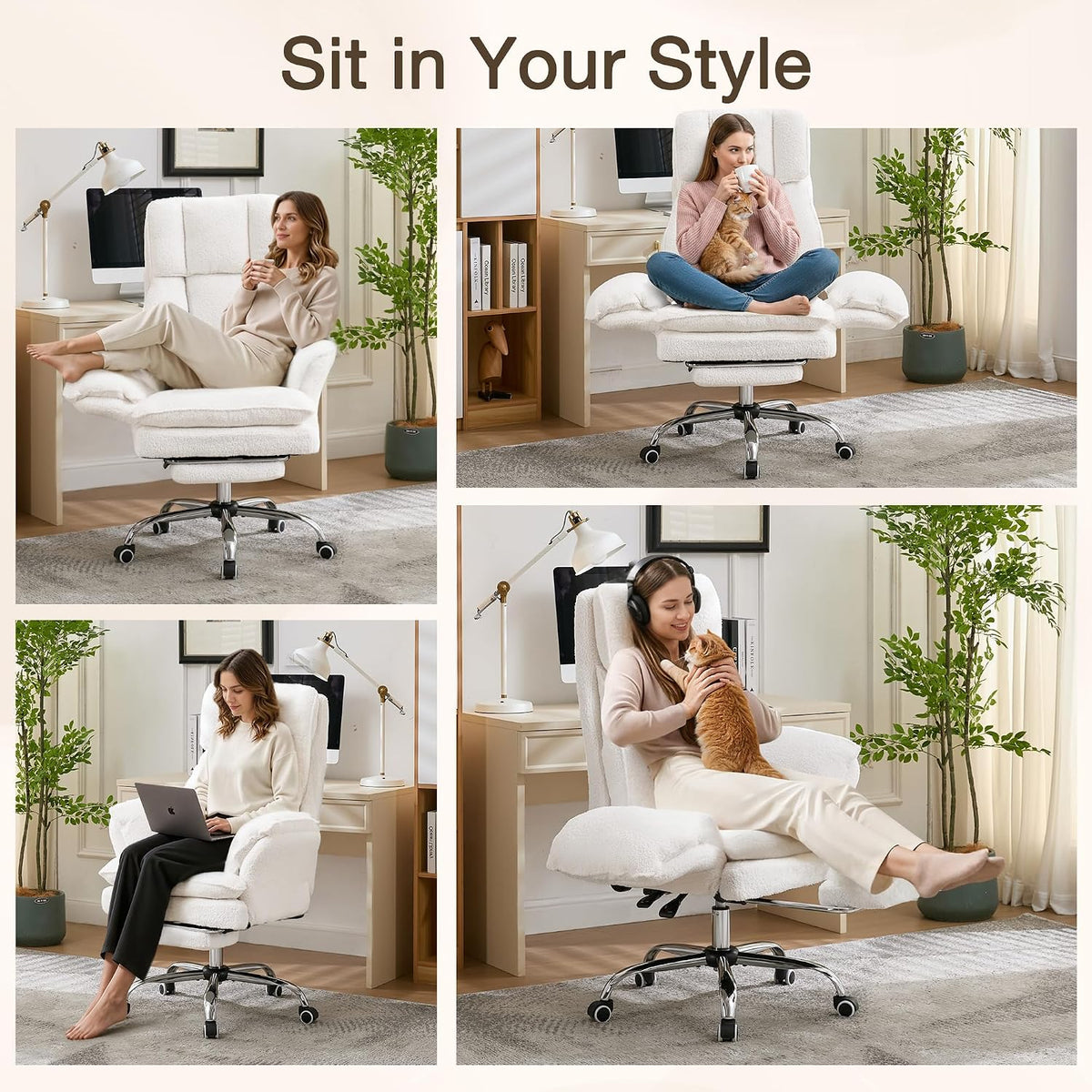 JOMEED Cloud Cross Legged Office Chair with Footrest,Flip Armrest,White