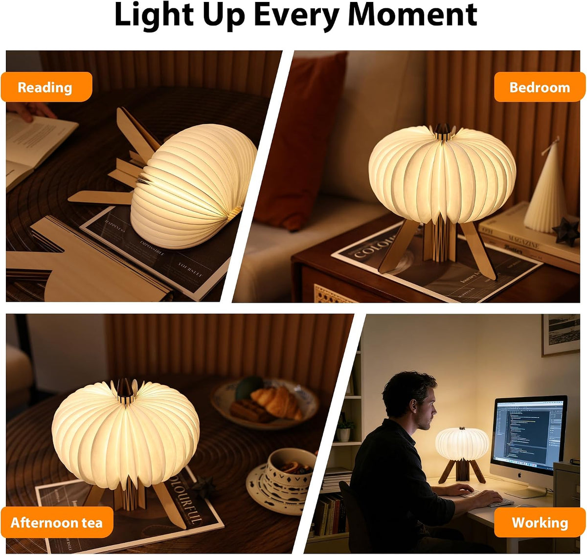 Pumpkin Table Lamp, Portable Night Light, Rechargeable Paper Lamp