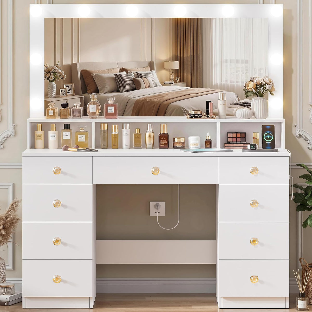 Vanity Desk with Mirror and Lights, Makeup Vanity Table with Power Outlet, 9 ...