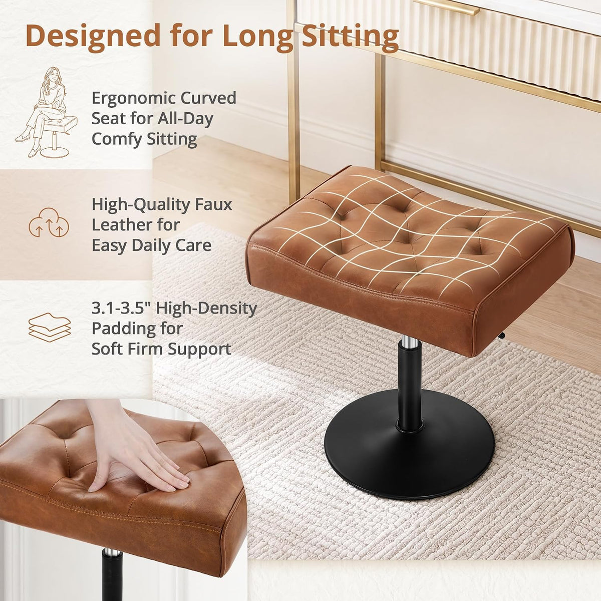 LUE BONA Adjustable Office Foot Rest Under Desk, Vanity Saddle Stool, Brown