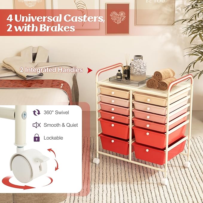 LDAILY 12 Drawer Rolling Storage Cart, Craft Cart Organizer on Wheels w/Metal - Image 6