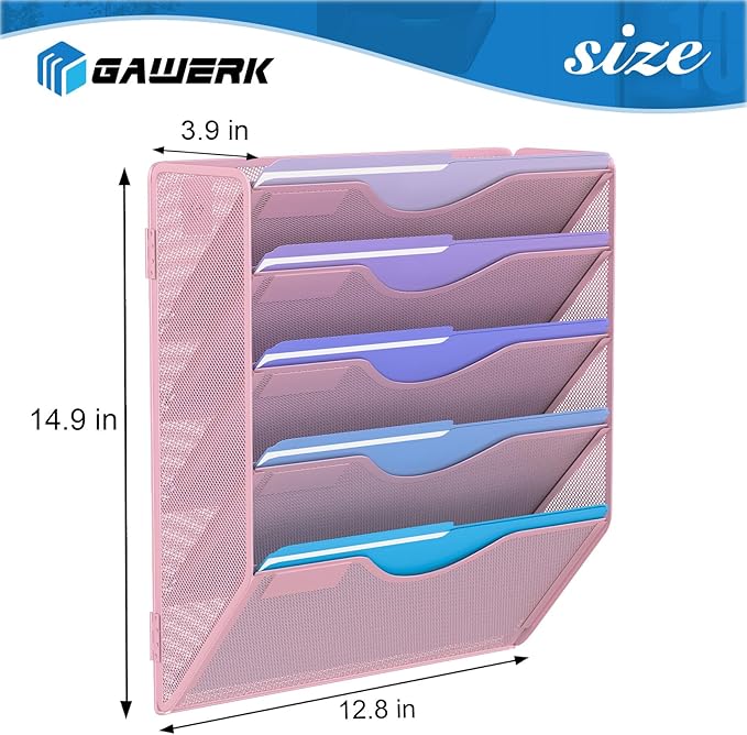 Gawerk 5 Tier Hanging Wall File Organizer, Mesh Mail Paper Orgnization Hanging - Image 2