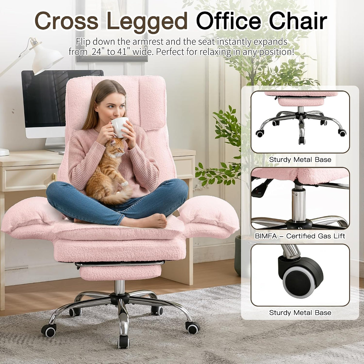 JOMEED Cloud Cross Legged Office Chair with Footrest,Flip Armrest,Pink