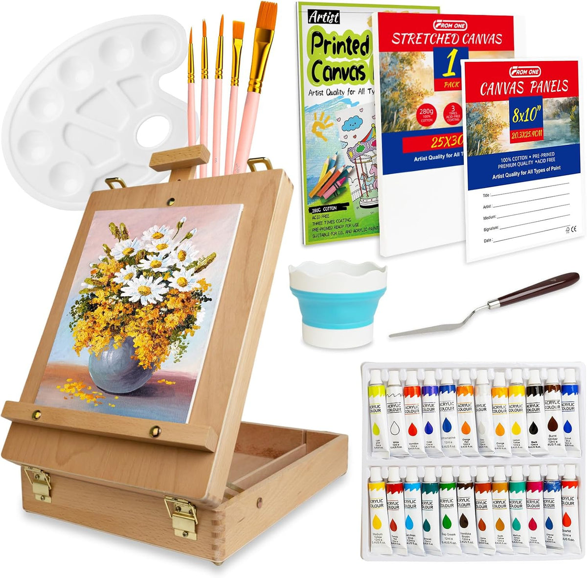 portable tabletop easel set 36-piece acrylic paints brushes, main product view