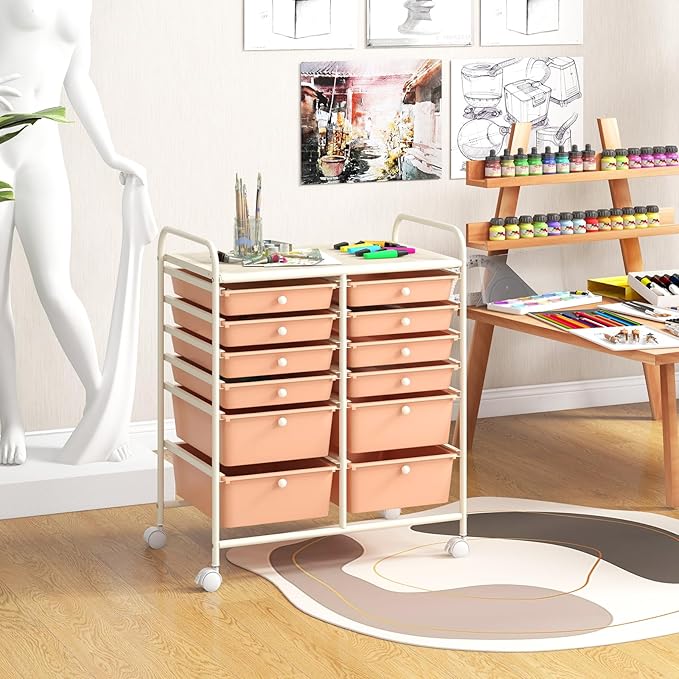 Happygrill 12-Drawer Rolling Storage Cart, 2 Sizes Plastic Drawers & Metal Shelf - Image 7