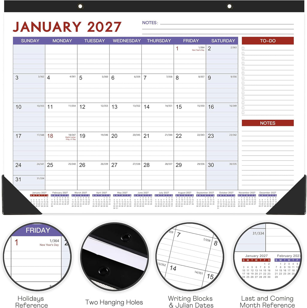 2027 Desk Calendar - July 2026 - December 2027, 17" x 12" Large Desk Calendar 2026-2027, 18 Months Desk Calendar, Desk Pad, Elegant Design