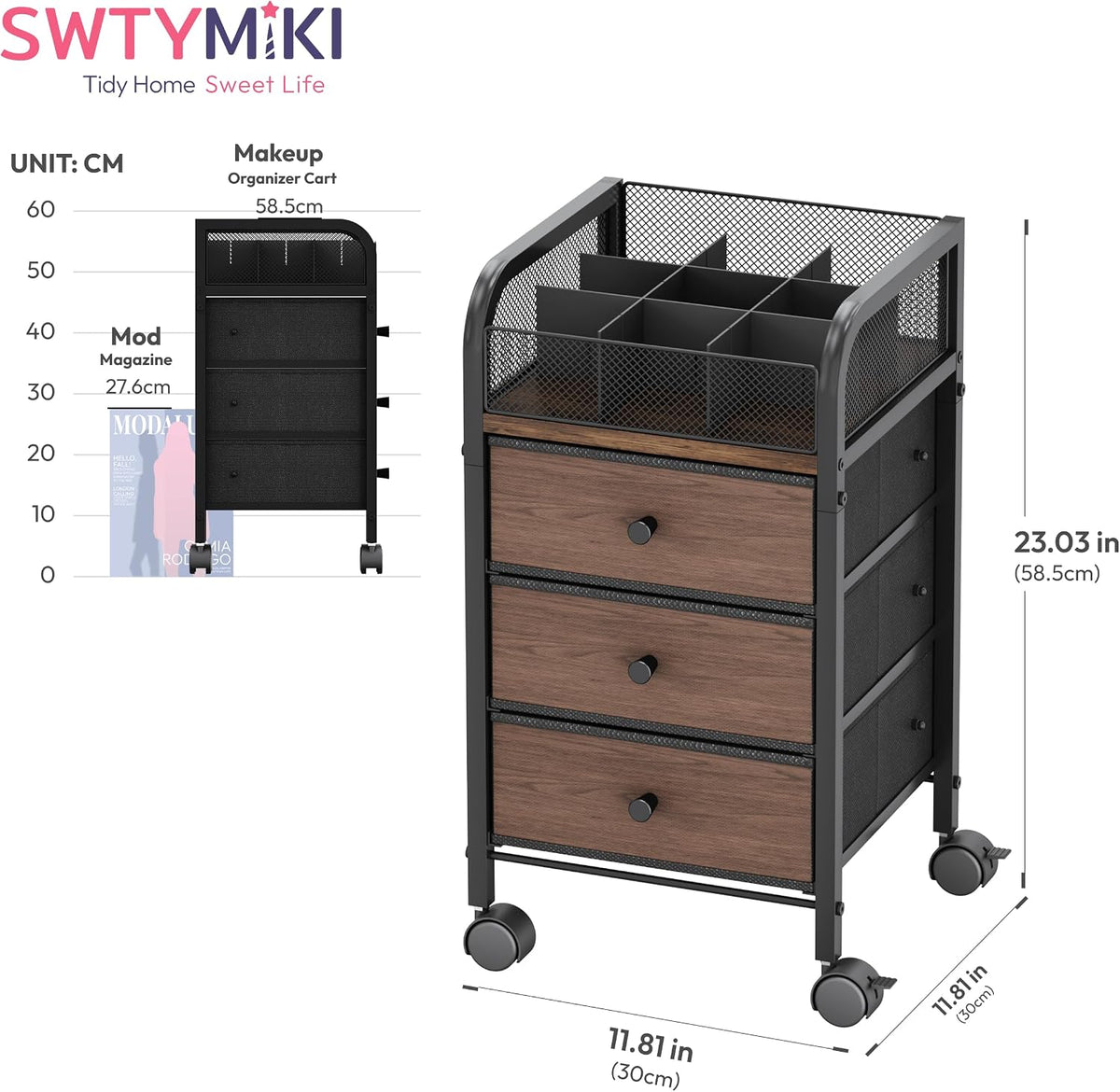 SWTYMIKI Rolling Makeup Organizer Cart - Under Desk Vanity Makeup Storage wit...