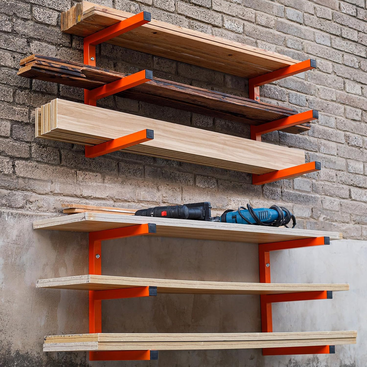 moomsine lumber storage rack wall mounted, 6-level holds, front angle view
