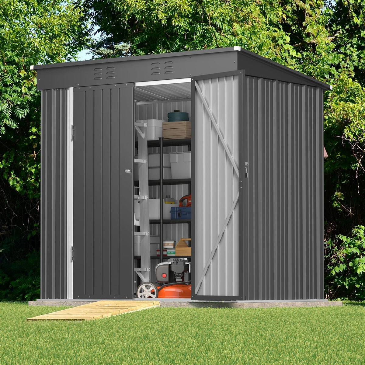 gizoon 6x4 ft outdoor shed, metal garden shed shown in use