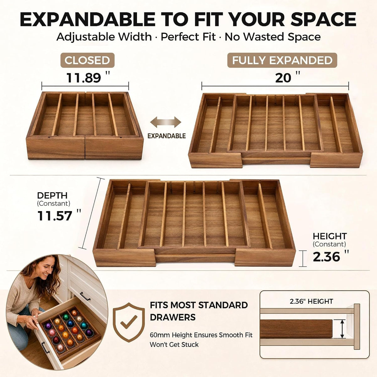 MinBoo Expandable Acacia Wood Coffee Pod Drawer Organizer